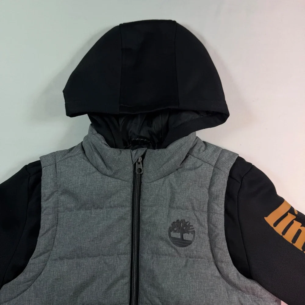 Timberland Kids Unisex Gray Black Puffer Hybrid Hooded Jacket Size M 10/12